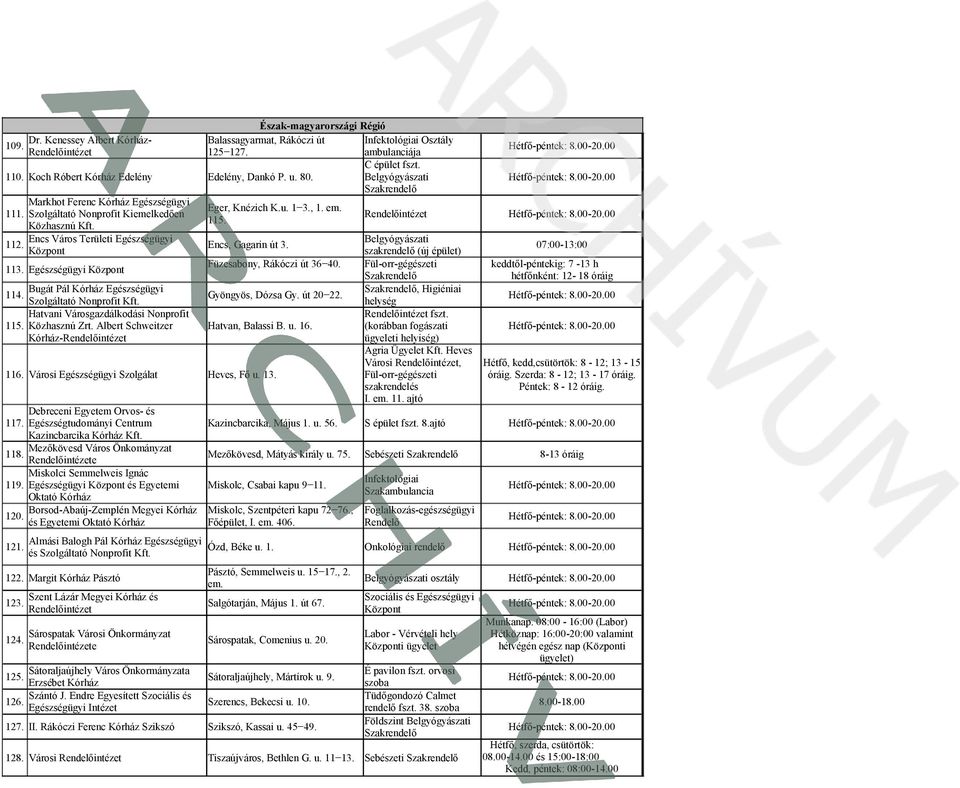 Encs Város Területi Egészségügyi Belgyógyászati 112. Encs, Gagarin út 3. Központ szakrendelő (új épület) 07:00-13:00 113. Egészségügyi Központ Füzesabony, Rákóczi út 36 40.