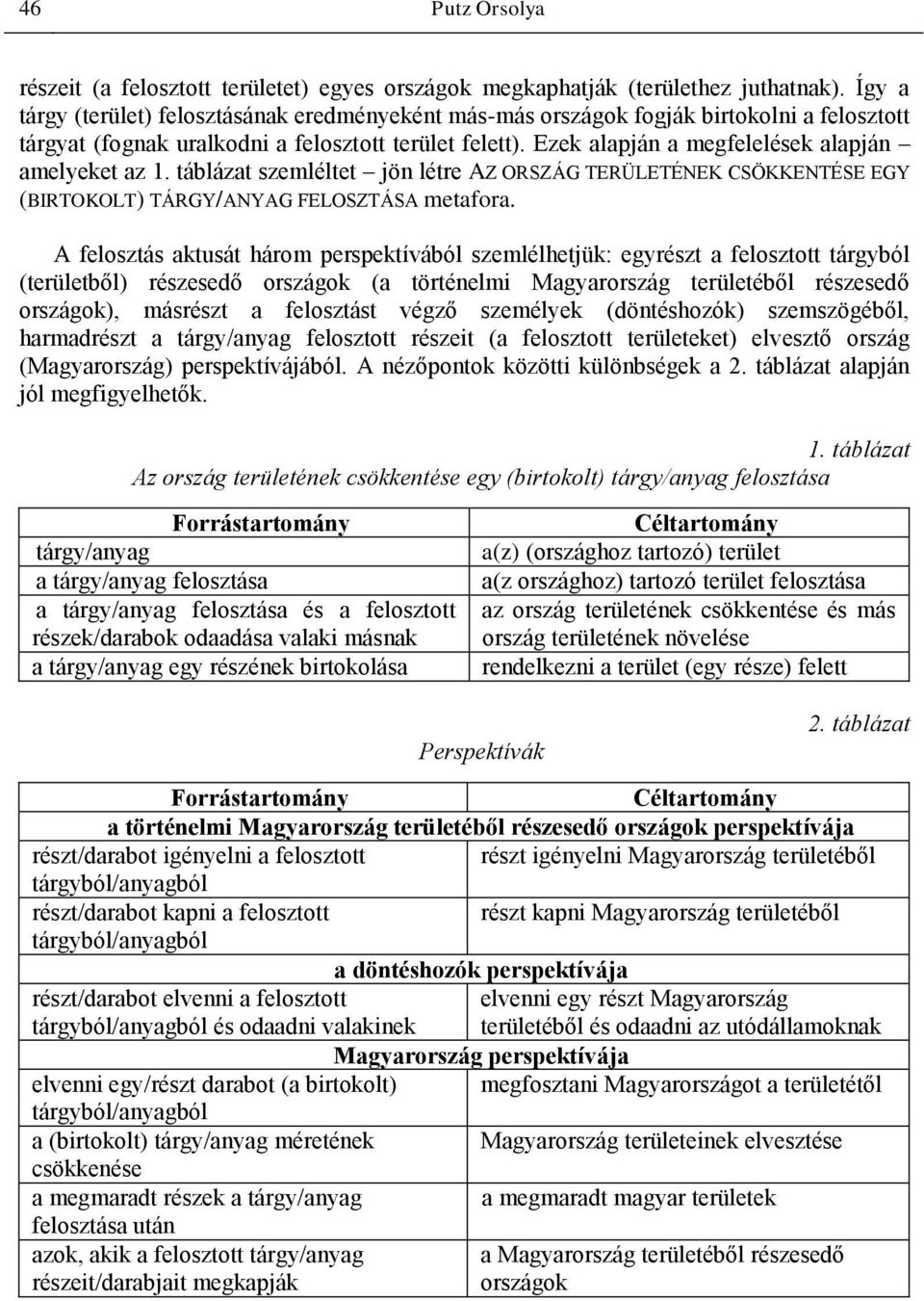 Ezek alapján a megfelelések alapján amelyeket az 1. táblázat szemléltet jön létre AZ ORSZÁG TERÜLETÉNEK CSÖKKENTÉSE EGY (BIRTOKOLT) TÁRGY/ANYAG FELOSZTÁSA metafora.