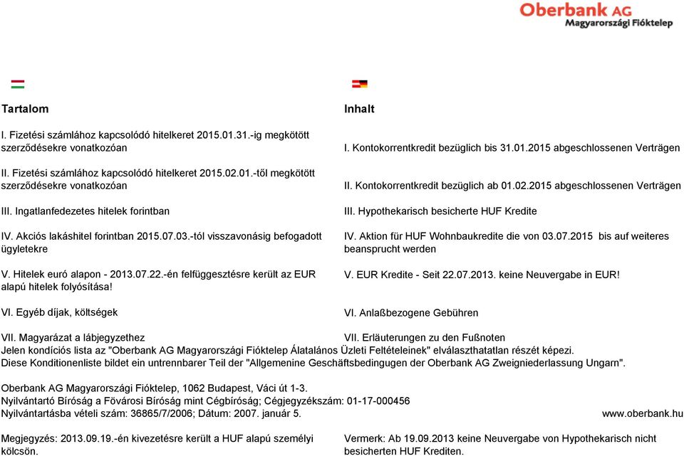 -én felfüggesztésre került az EUR alapú hitelek folyósítása! VI. Egyéb díjak, költségek Inhalt I. Kontokorrentkredit bezüglich bis 31.01.2015 abgeschlossenen Verträgen II.