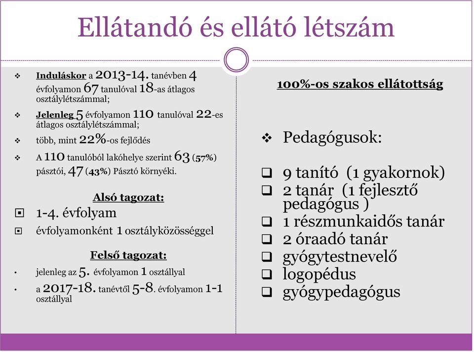 osztálylétszámmal; több, mint 22%-os fejlődés Pedagógusok: A 110 tanulóból lakóhelye szerint 63 (57%) pásztói, 47 (43%) Pásztó környéki. Alsó tagozat: 1-4.