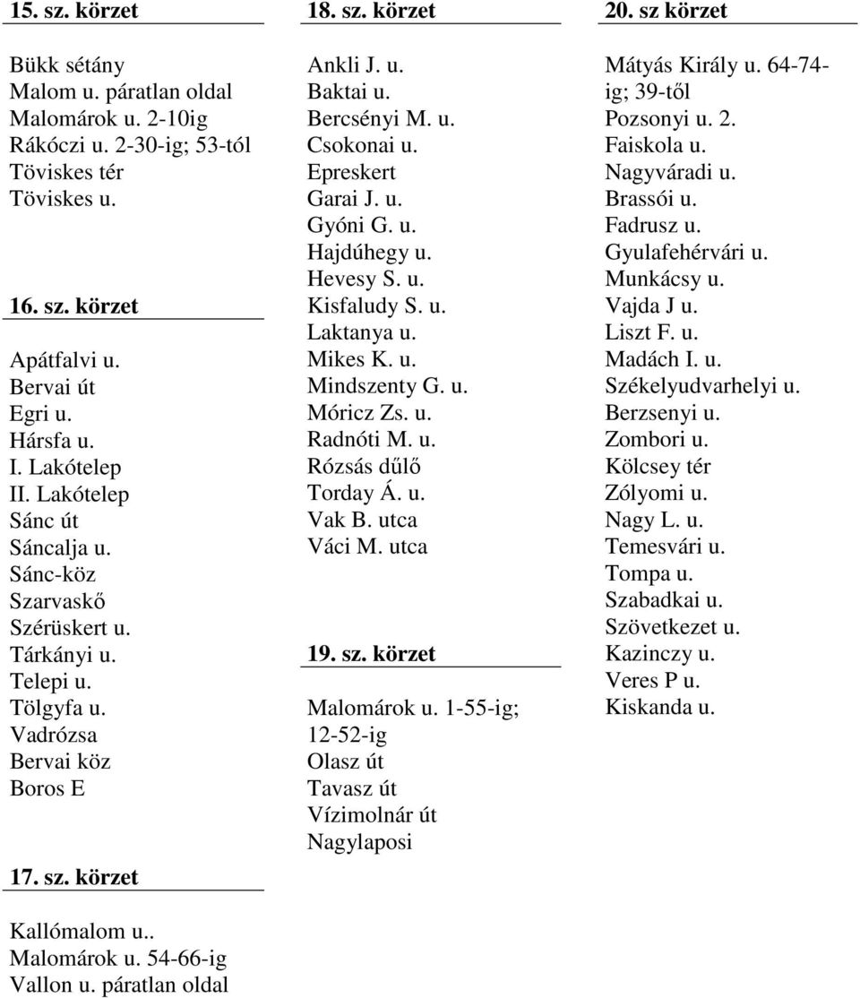 páratlan oldal 18. sz. körzet Ankli J. u. Baktai u. Bercsényi M. u. Csokonai u. Epreskert Garai J. u. Gyóni G. u. Hajdúhegy u. Hevesy S. u. Kisfaludy S. u. Laktanya u. Mikes K. u. Mindszenty G. u. Móricz Zs.