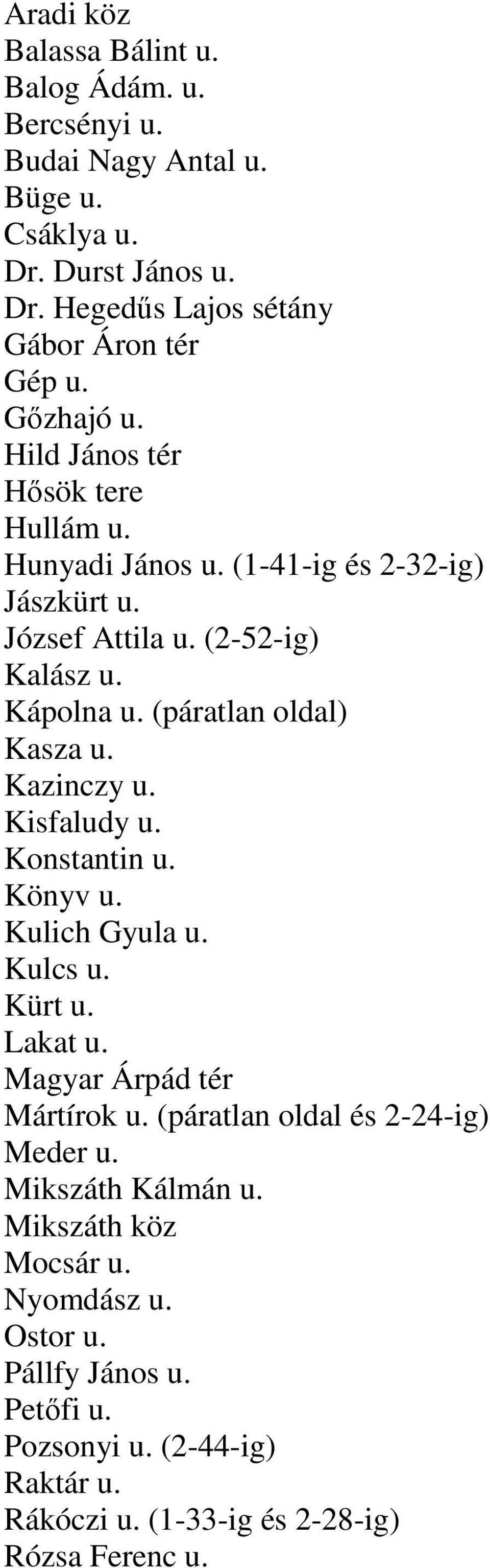 (páratlan oldal) Kasza u. Kazinczy u. Kisfaludy u. Konstantin u. Könyv u. Kulich Gyula u. Kulcs u. Kürt u. Lakat u. Magyar Árpád tér Mártírok u.