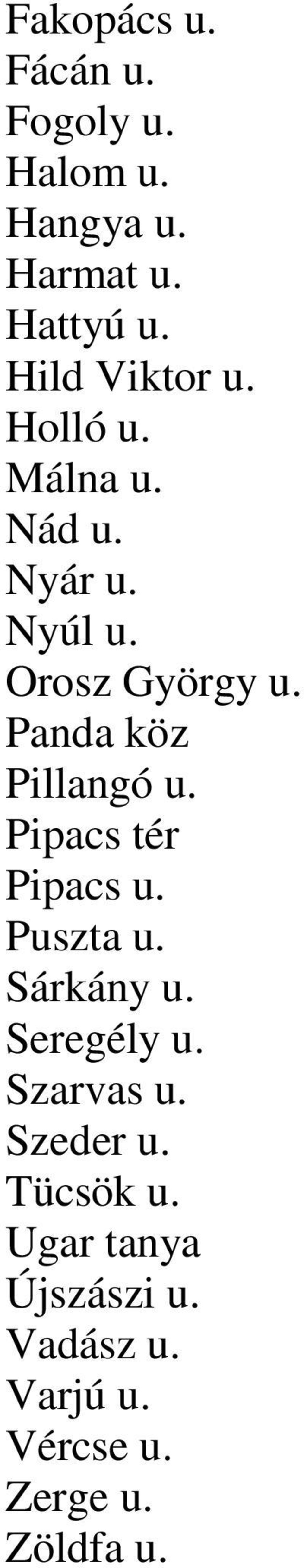 Panda köz Pillangó u. Pipacs tér Pipacs u. Puszta u. Sárkány u. Seregély u.