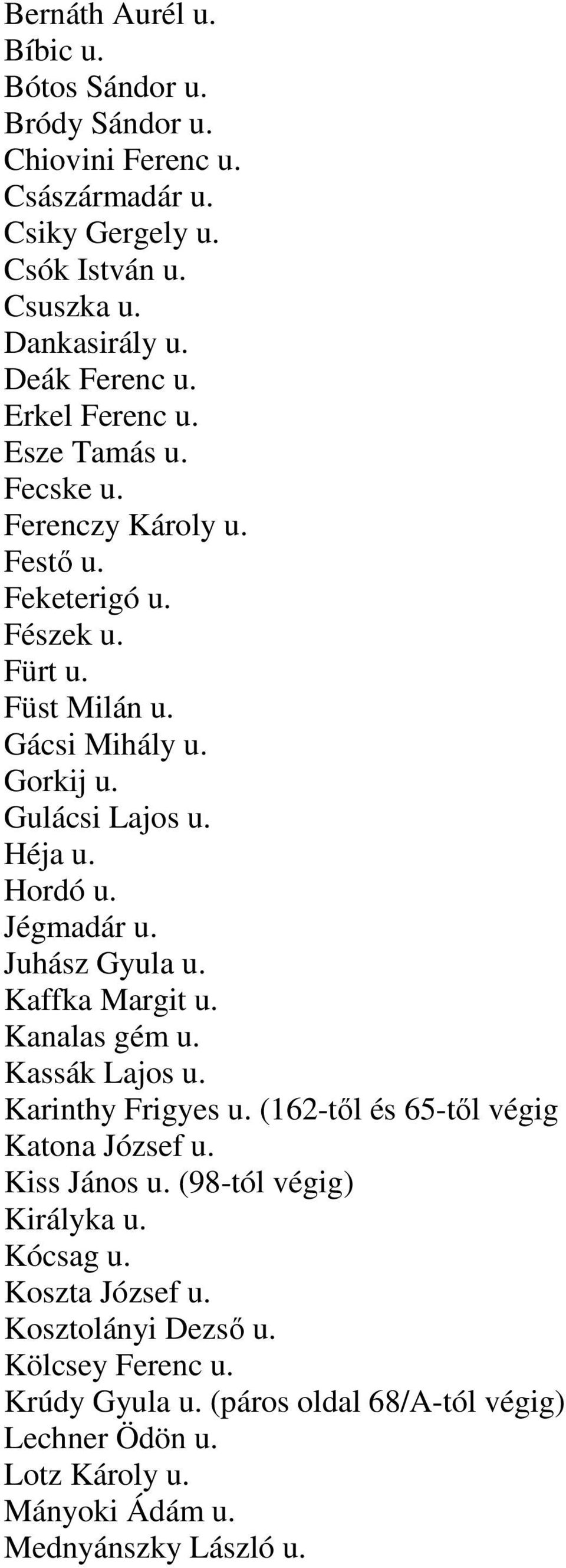 Jégmadár u. Juhász Gyula u. Kaffka Margit u. Kanalas gém u. Kassák Lajos u. Karinthy Frigyes u. (162-től és 65-től végig Katona József u. Kiss János u.