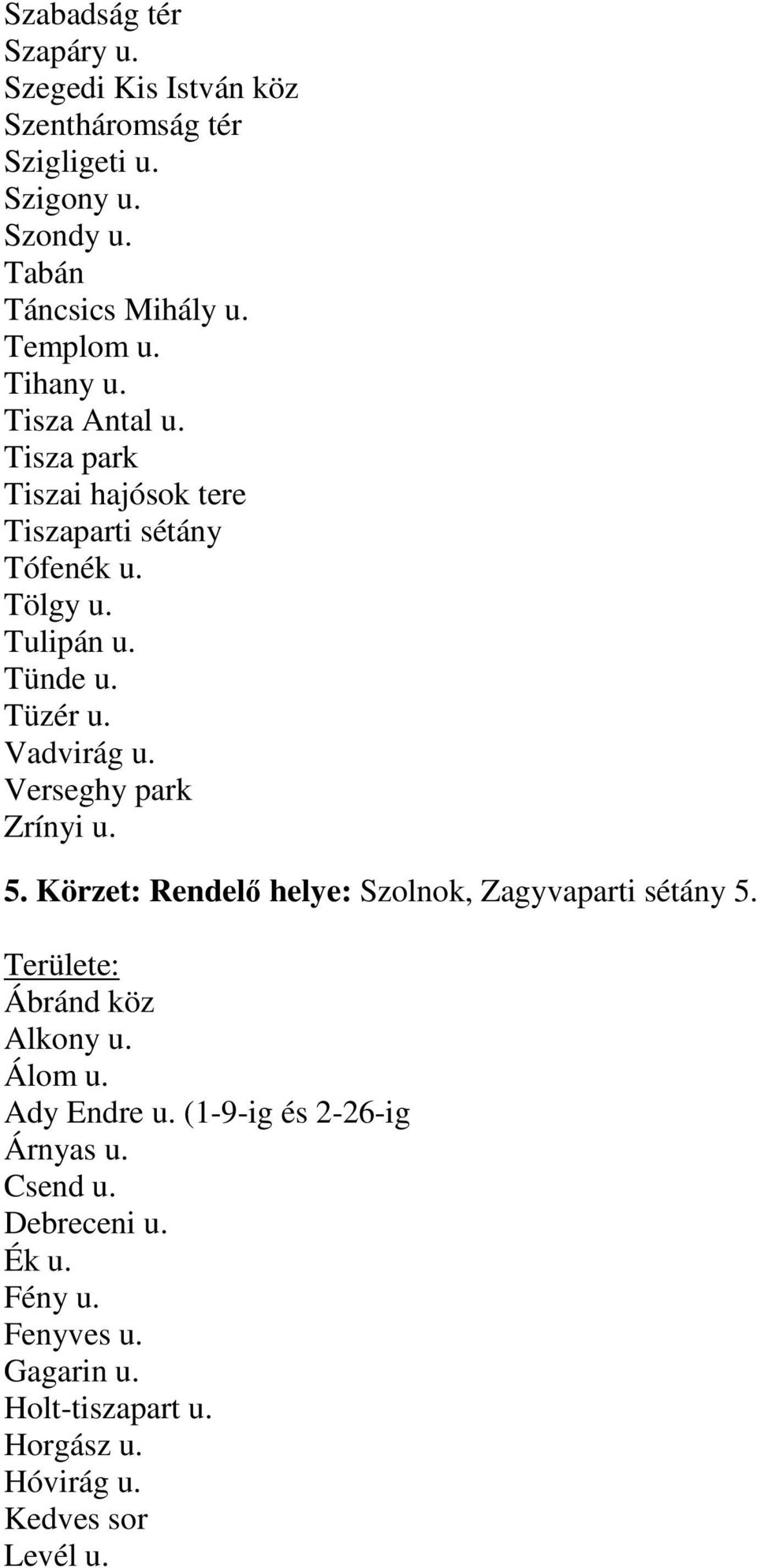 Verseghy park Zrínyi u. 5. Körzet: Rendelő helye: Szolnok, Zagyvaparti sétány 5. Ábránd köz Alkony u. Álom u. Ady Endre u.