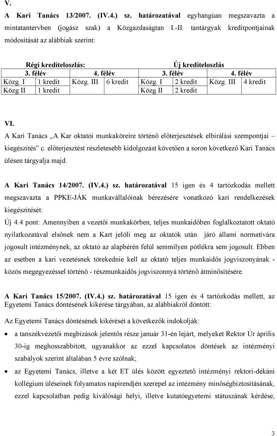 III 4 kredit Közg II 1 kredit Közg II 2 kredit VI. A Kari Tanács A Kar oktatói munkaköreire történő előterjesztések elbírálási szempontjai kiegészítés c.