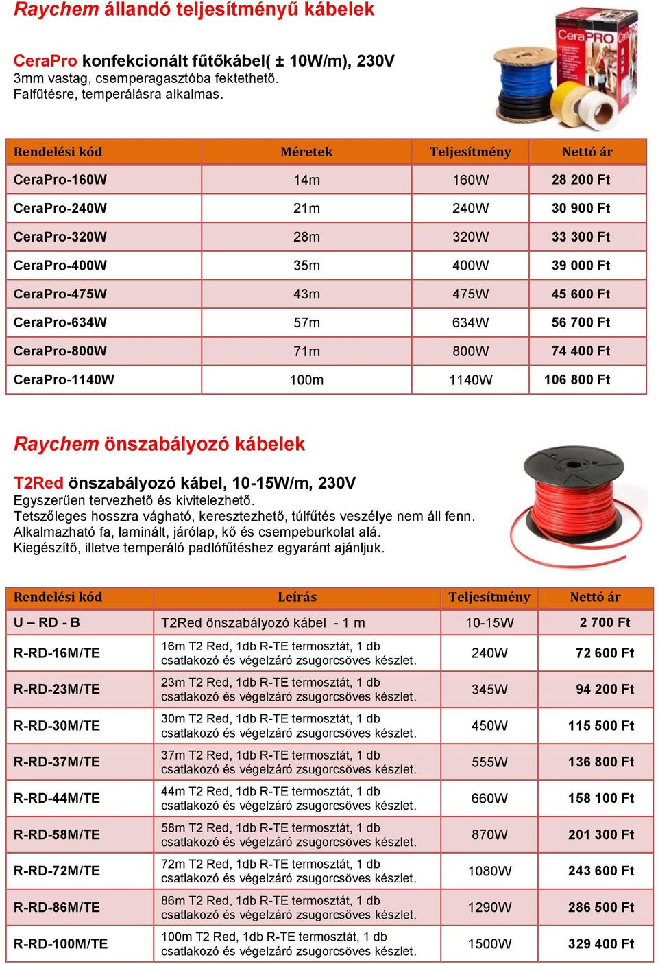 CeraPro-800W 71m 800W 74 400 Ft CeraPro-1140W 100m 1140W 106 800 Ft Raychem önszabályozó kábelek T2Red önszabályozó kábel, 10-15W/m, 230V Egyszerűen tervezhető és kivitelezhető.