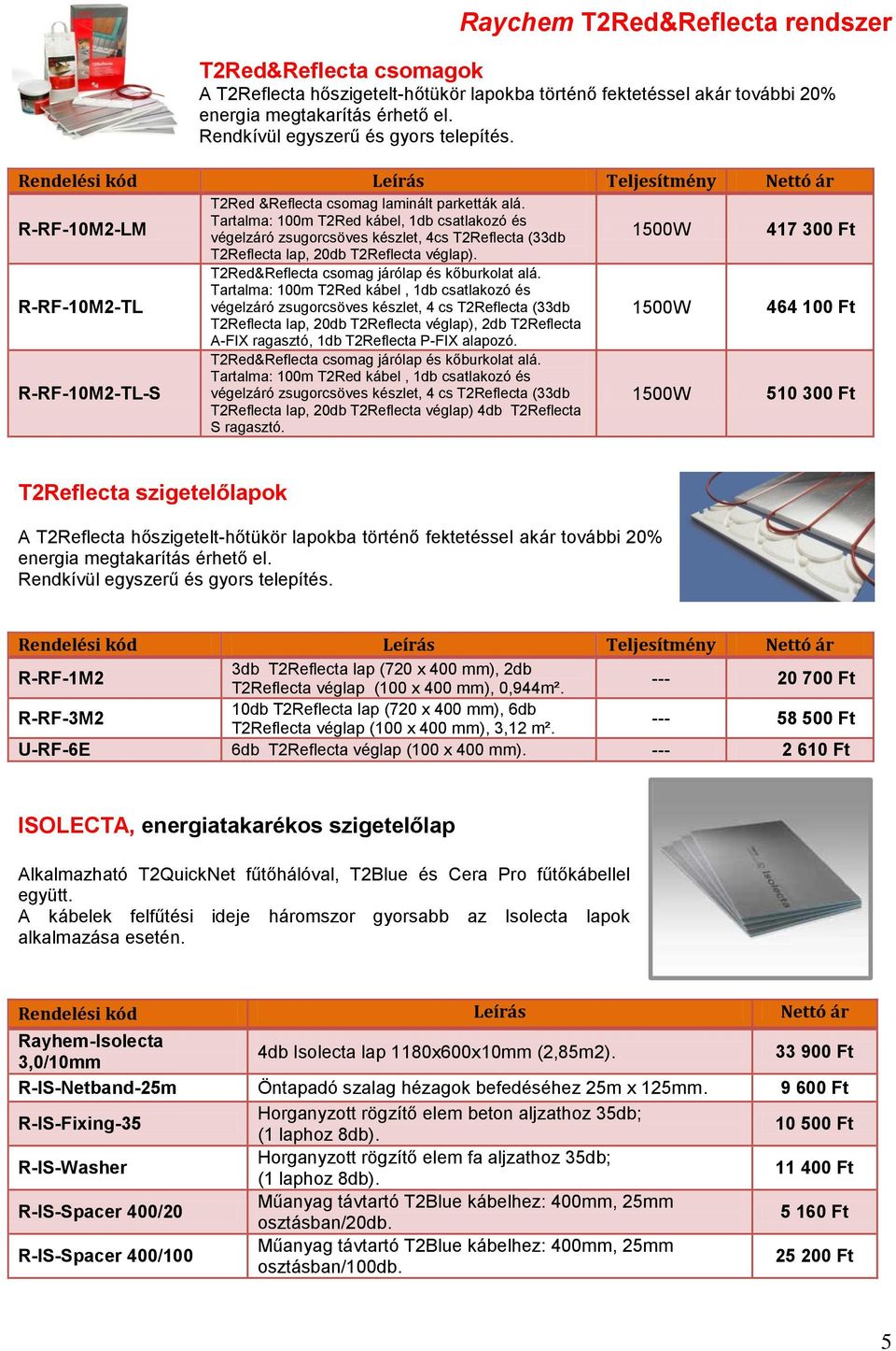 Tartalma: 100m T2Red kábel, 1db csatlakozó és R-RF-10M2-LM végelzáró zsugorcsöves készlet, 4cs T2Reflecta (33db 1500W 417 300 Ft T2Reflecta lap, 20db T2Reflecta véglap).