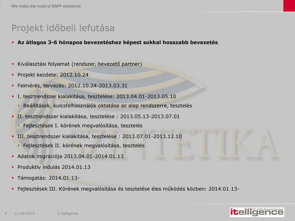 tesztrendszer kialakítása, tesztelése : 2013.05.13-2013.07.01 Fejlesztések I. körének megvalósítása, tesztelés III. tesztrendszer kialakítása, tesztelése : 2013.07.01-2013.12.