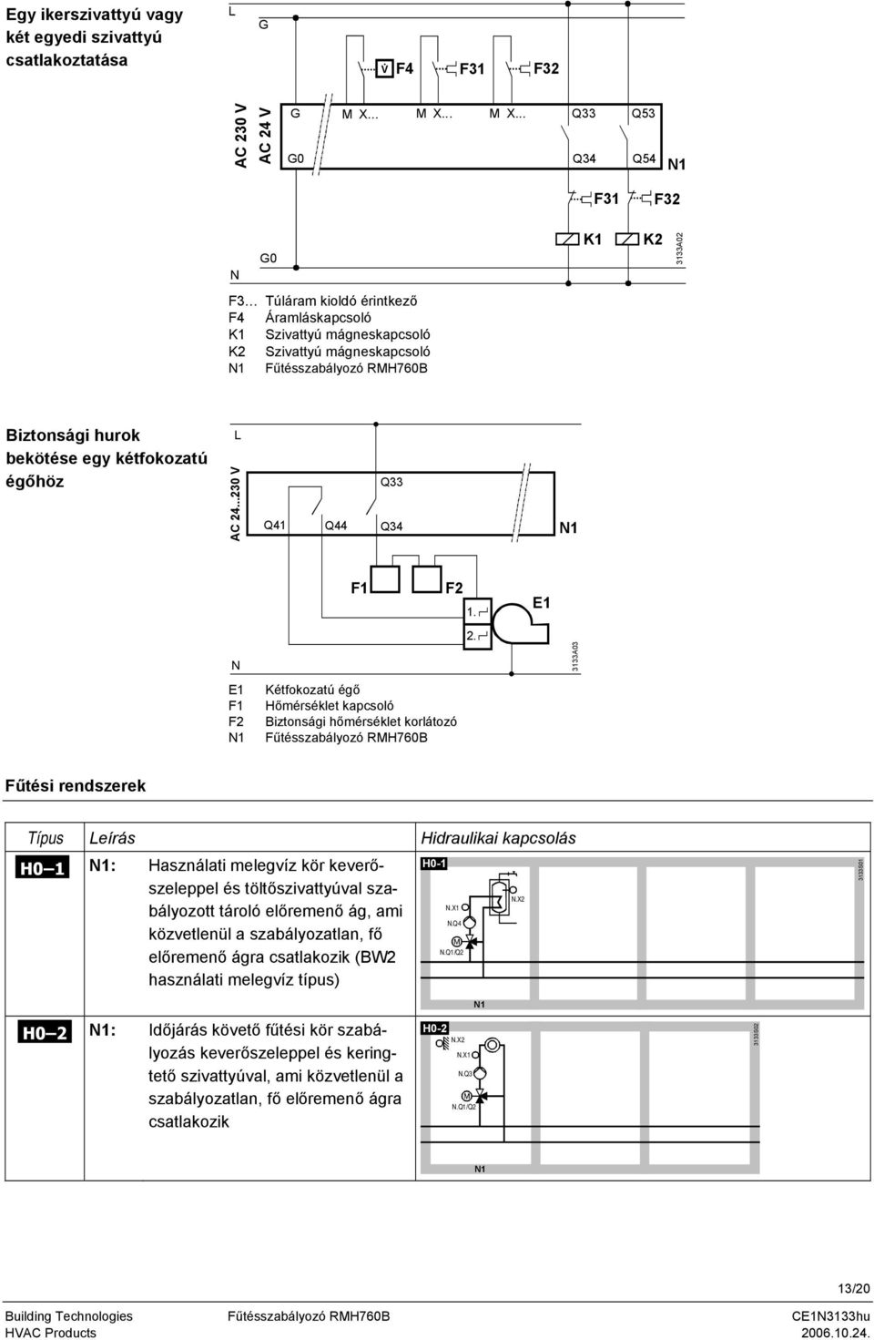 .. Q33 Q34 Q53 Q54 F31 F32 N G0 K1 K2 3133A02 F3 Túláram kioldó érintkező F4 Áramláskapcsoló K1 Szivattyú mágneskapcsoló K2 Szivattyú mágneskapcsoló Fűtésszabályozó RMH760B Biztonsági hurok bekötése