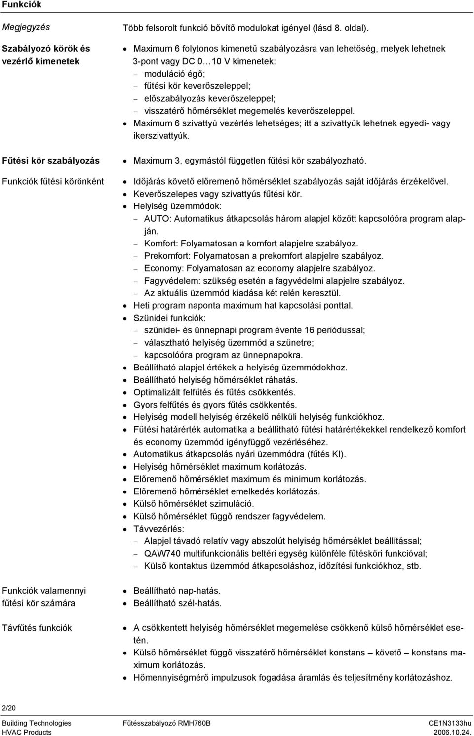 Maximum 6 folytonos kimenetű szabályozásra van lehetőség, melyek lehetnek 3-pont vagy DC 0 10 V kimenetek: moduláció égő; fűtési kör keverőszeleppel; előszabályozás keverőszeleppel; visszatérő