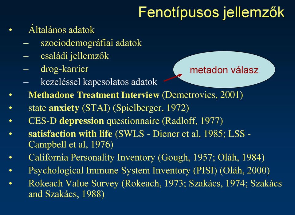 (Radloff, 1977) satisfaction with life (SWLS - Diener et al, 1985; LSS - Campbell et al, 1976) California Personality Inventory (Gough,