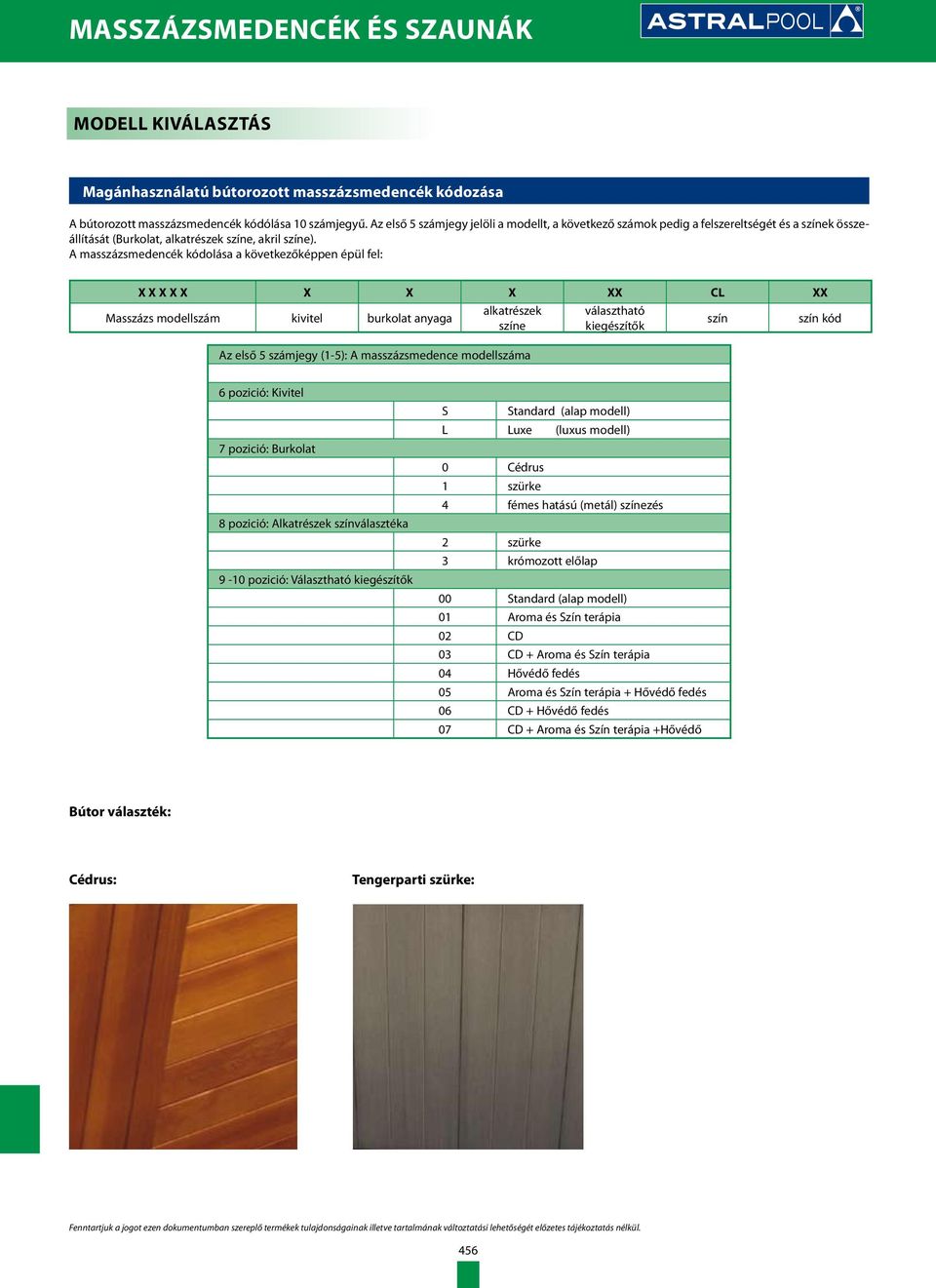 A masszázsmedencék kódolása a következőképpen épül fel: X X X X X X X X XX CL XX Masszázs modellszám kivitel burkolat anyaga alkatrészek színe Az első 5 számjegy (1-5): A masszázsmedence modellszáma