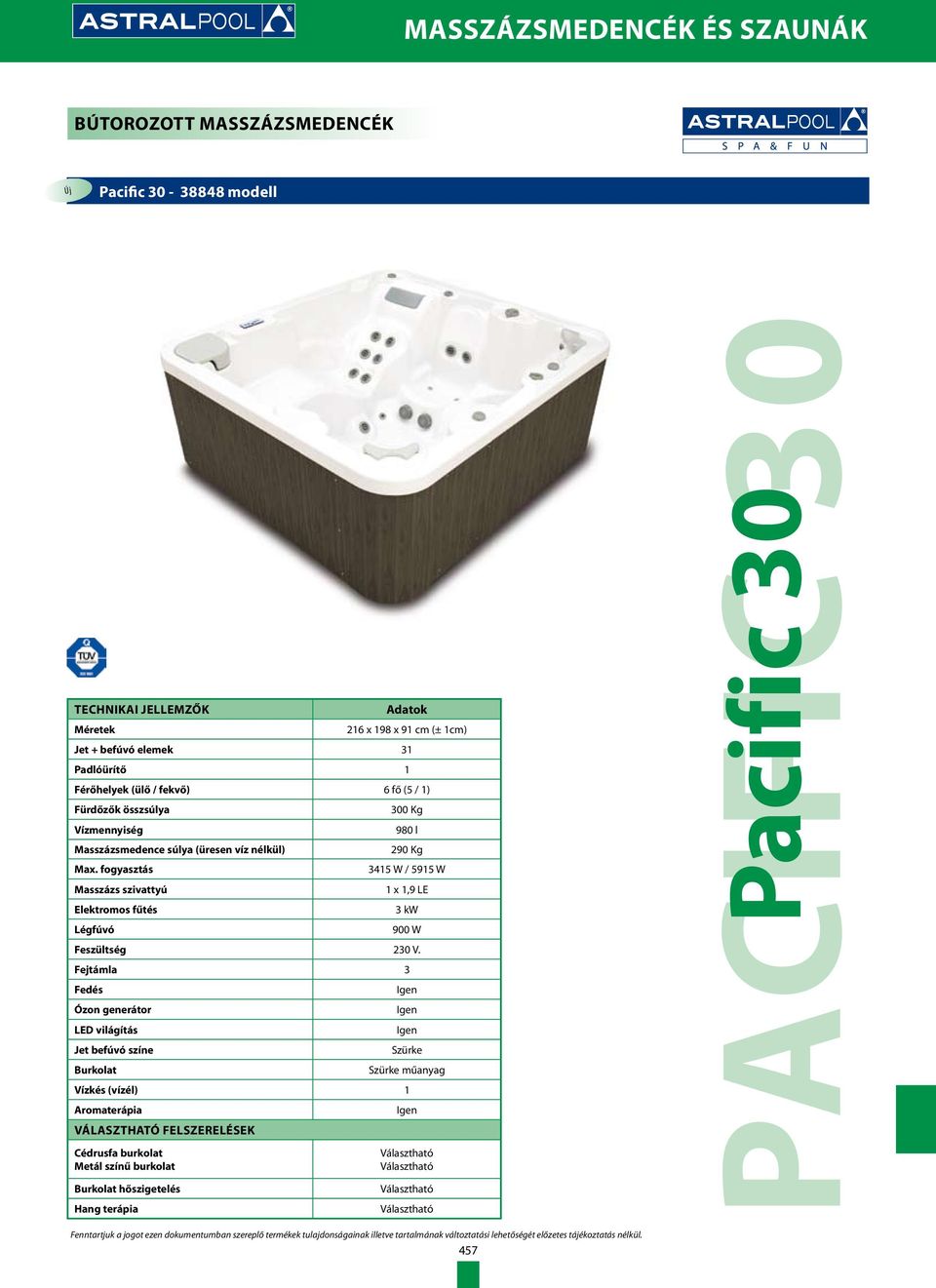 fogyasztás Masszázs szivattyú Elektromos fűtés Légfúvó 300 Kg 980 l 290 Kg 3415 W / 5915 W 1 x 1,9 LE 3 kw 900 W Feszültség 230 V.