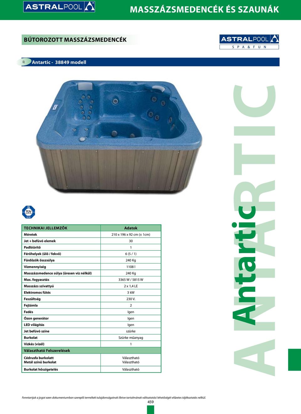 fogyasztás Masszázs szivattyú Elektromos fűtés 240 Kg 1108 l 240 Kg 3365 W / 5815 W 2 x 1,4 LE 3 kw Feszültség 230 V.