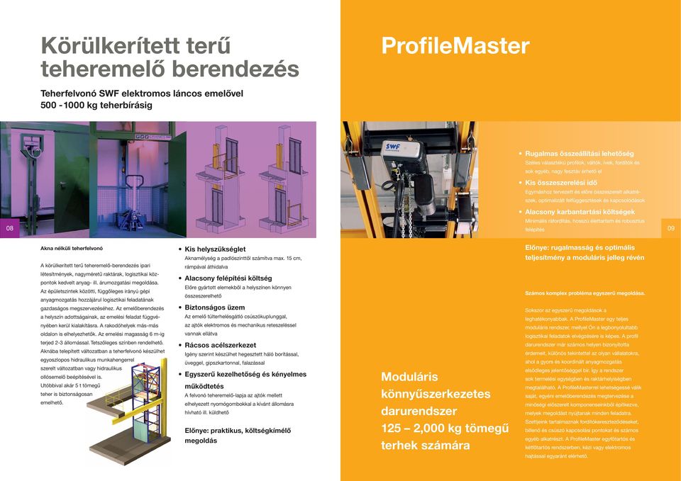 költségek Minimális ráfordítás, hosszú élettartam és robusztus felépítés 09 Akna nélküli teherfelvonó A körülkerített terű teheremelő-berendezés ipari létesítmények, nagyméretű raktárak, logisztikai