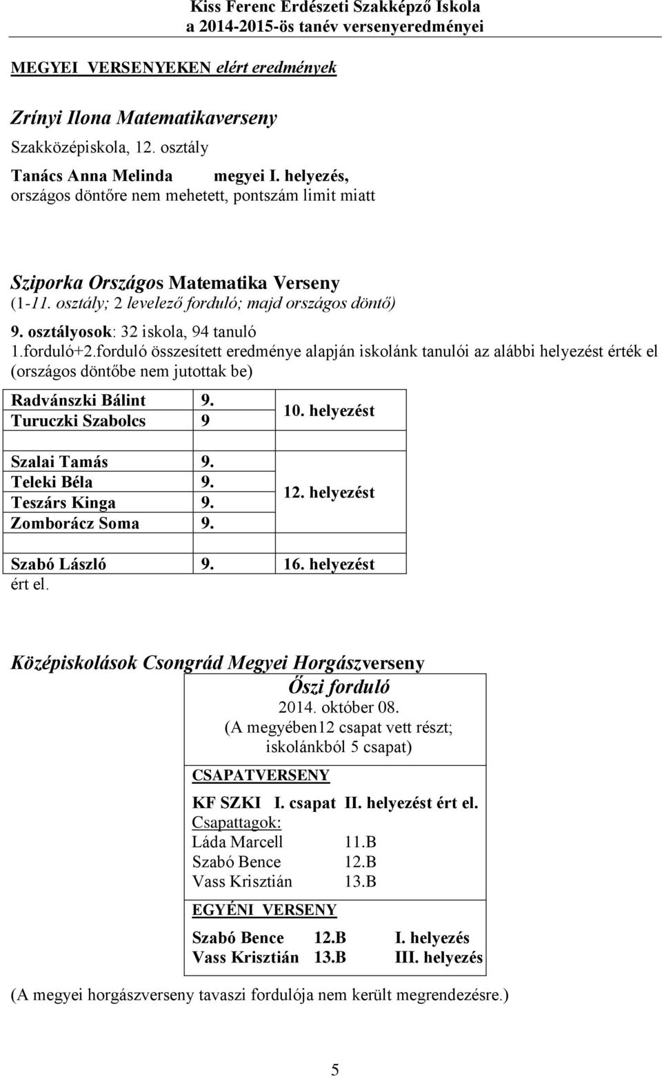 forduló+2.forduló összesített eredménye alapján iskolánk tanulói az alábbi helyezést érték el (országos döntőbe nem jutottak be) Radvánszki Bálint 9. Turuczki Szabolcs 9 10. helyezést Szalai Tamás 9.