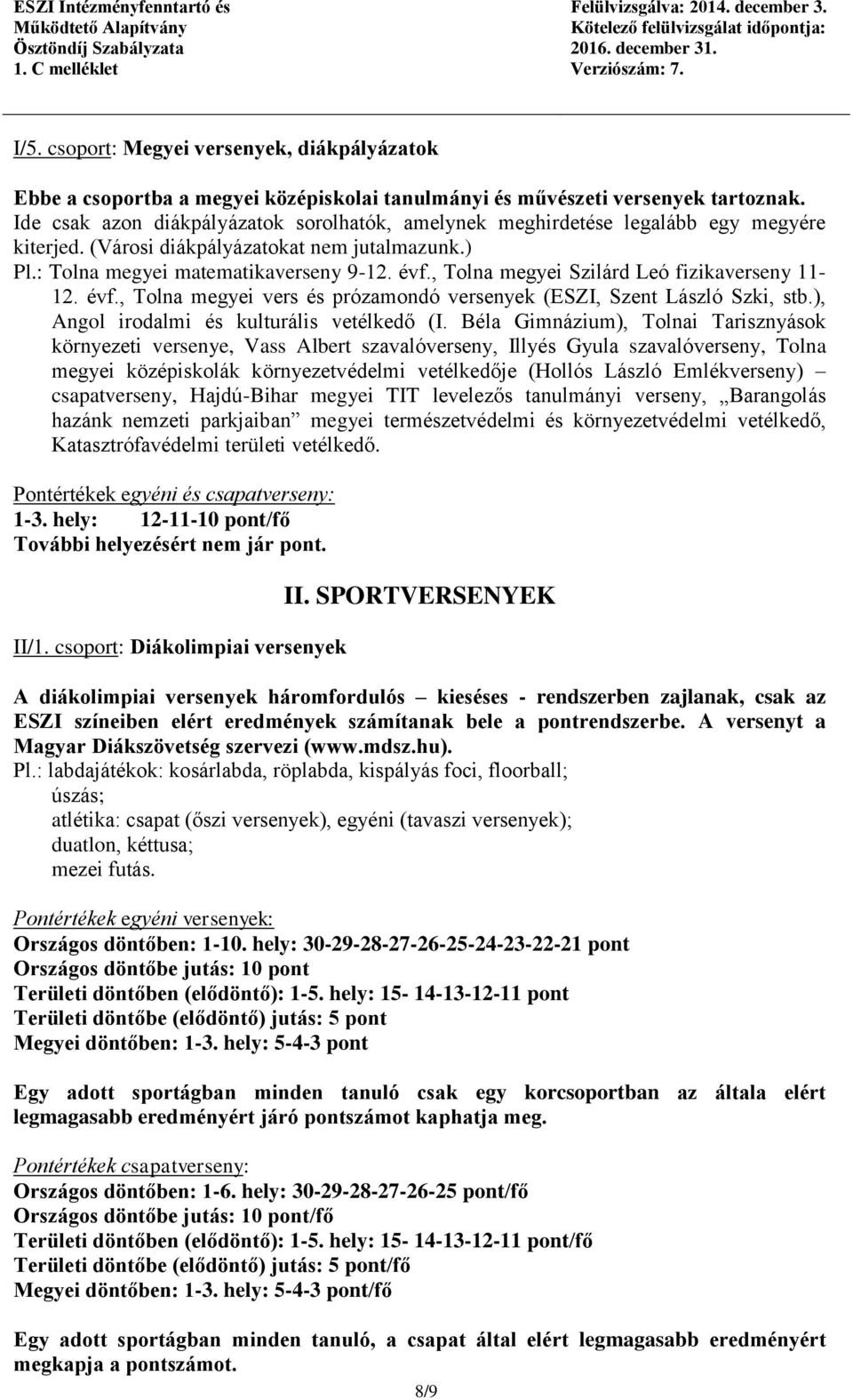 , Tolna megyei Szilárd Leó fizikaverseny 11-12. évf., Tolna megyei vers és prózamondó versenyek (ESZI, Szent László Szki, stb.), Angol irodalmi és kulturális vetélkedő (I.