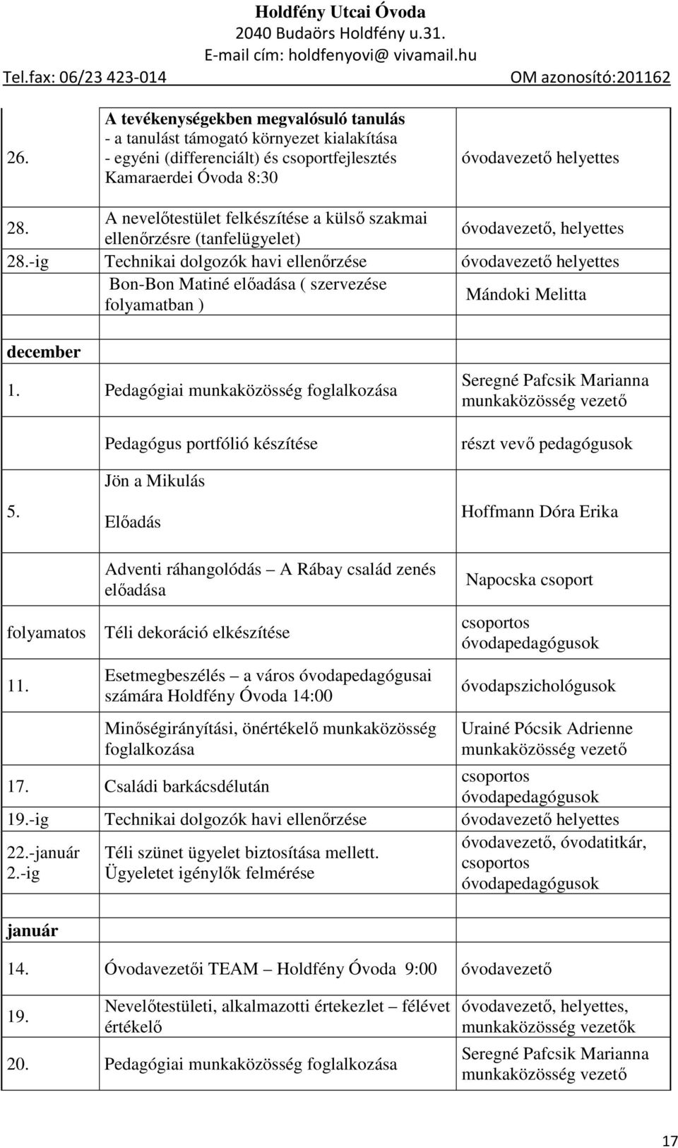 -ig Technikai dolgozók havi ellenőrzése óvodavezető helyettes Bon-Bon Matiné előadása ( szervezése folyamatban ) Mándoki Melitta december 1.