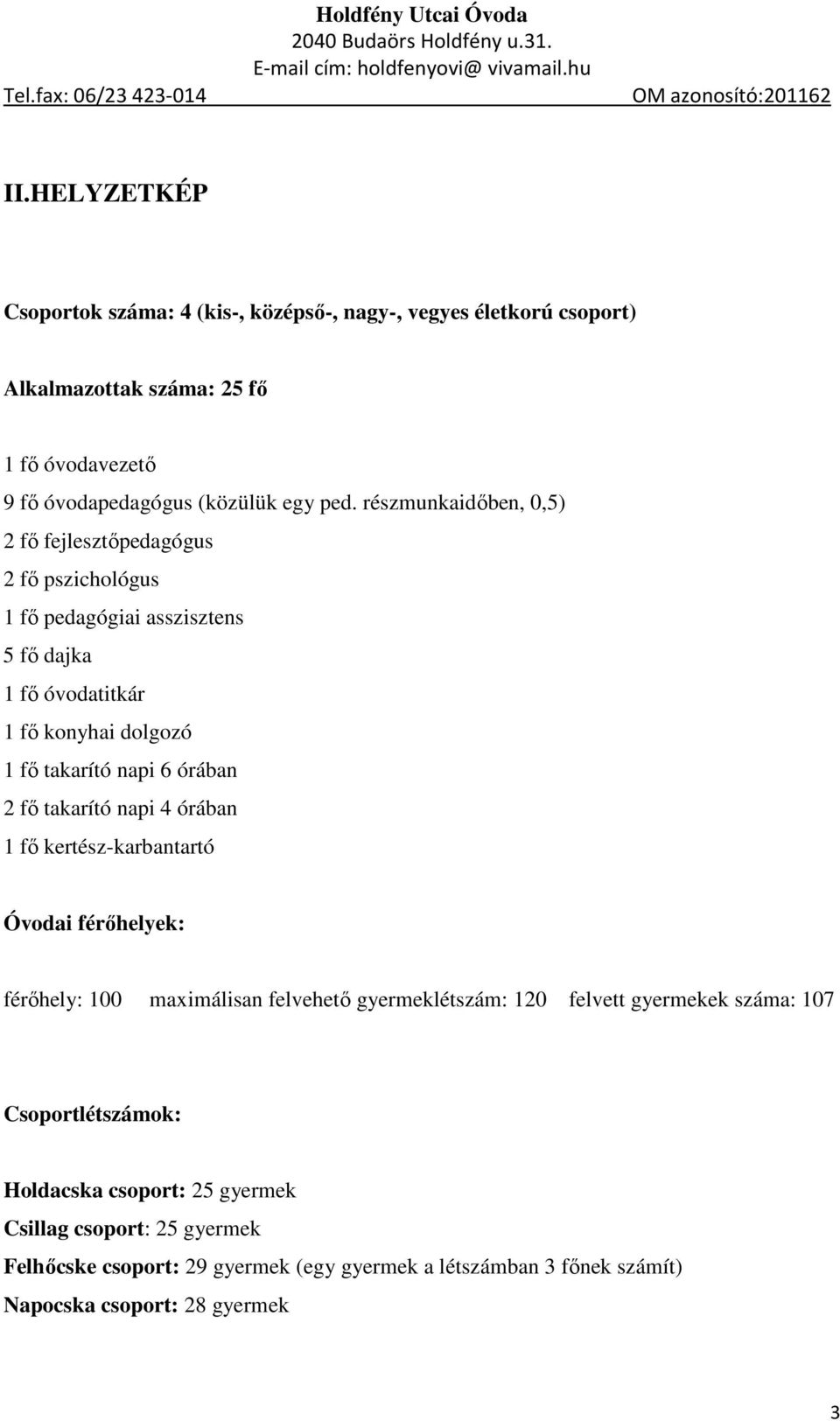 órában 2 fő takarító napi 4 órában 1 fő kertész-karbantartó Óvodai férőhelyek: férőhely: 100 maximálisan felvehető gyermeklétszám: 120 felvett gyermekek száma: 107