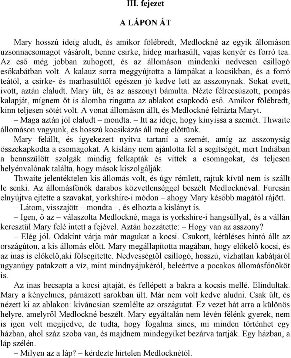 A kalauz sorra meggyújtotta a lámpákat a kocsikban, és a forró teától, a csirke- és marhasülttől egészen jó kedve lett az asszonynak. Sokat evett, ivott, aztán elaludt.