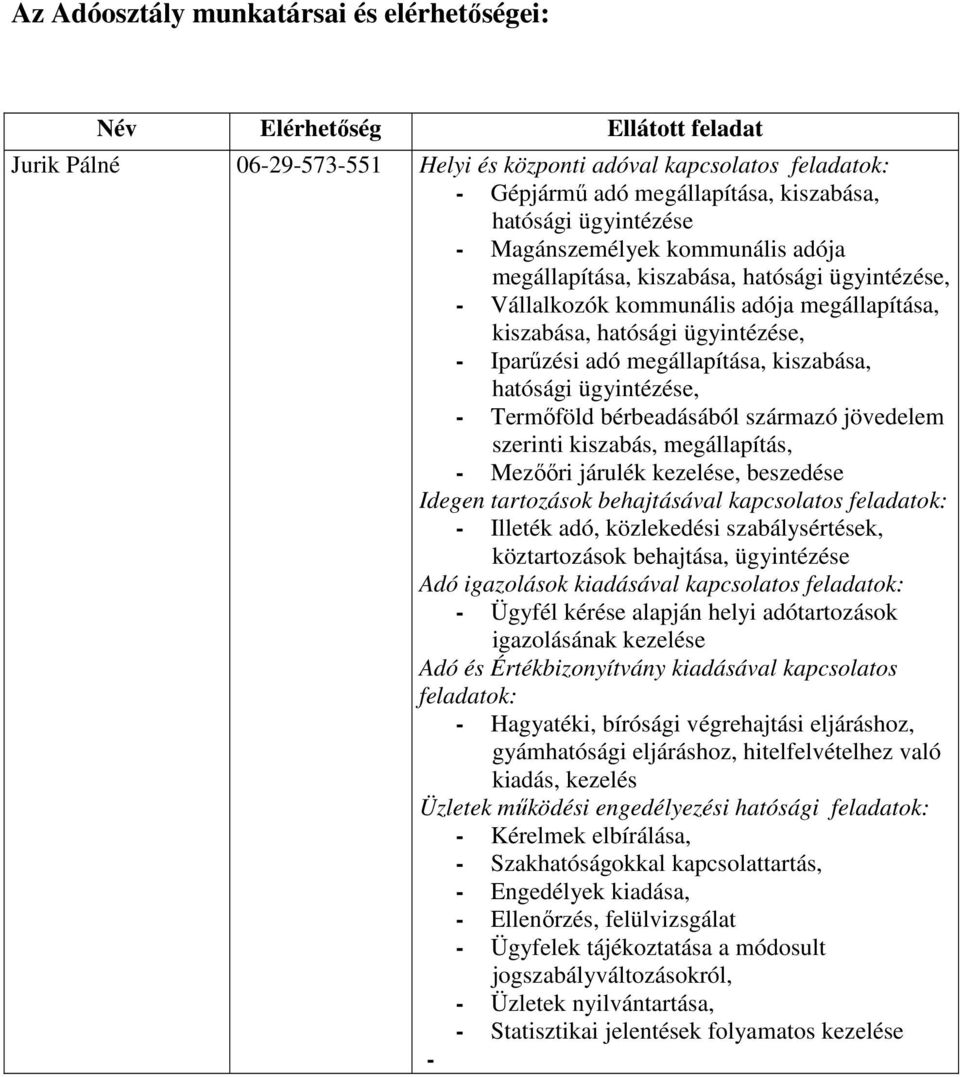 megállapítása, kiszabása, hatósági ügyintézése, - Termıföld bérbeadásából származó jövedelem szerinti kiszabás, megállapítás, - Mezııri járulék kezelése, beszedése Idegen tartozások behajtásával