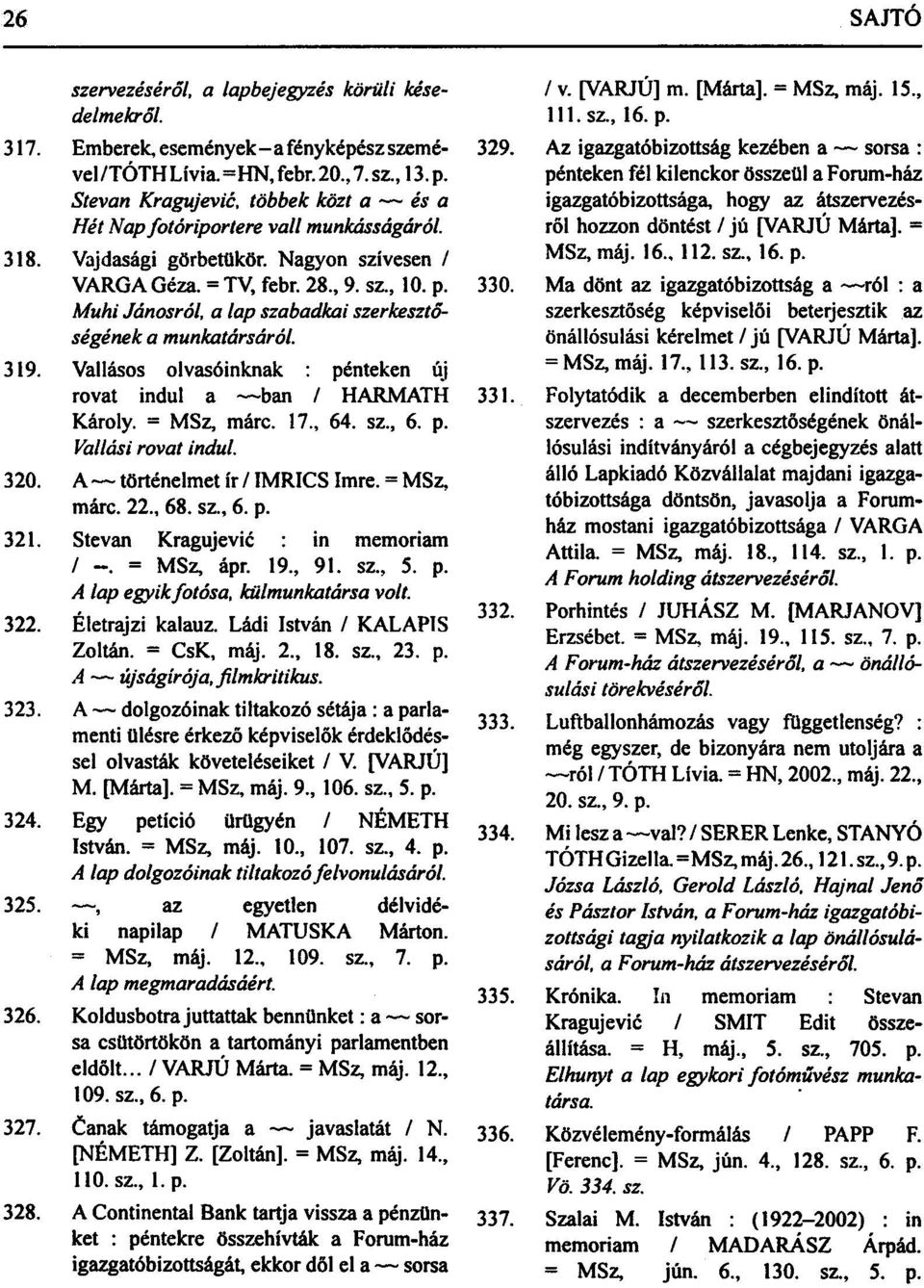 Muhi Jánosról, a lap szabadkai szerkesztőségének a munkatársáról. 319. Vallásos olvasóinknak pénteken új rovat indul a ~~ban / HARMATH 331. Károly. = MSz, márc. 17, 64. sz, 6. p. Vallási rovat indul.