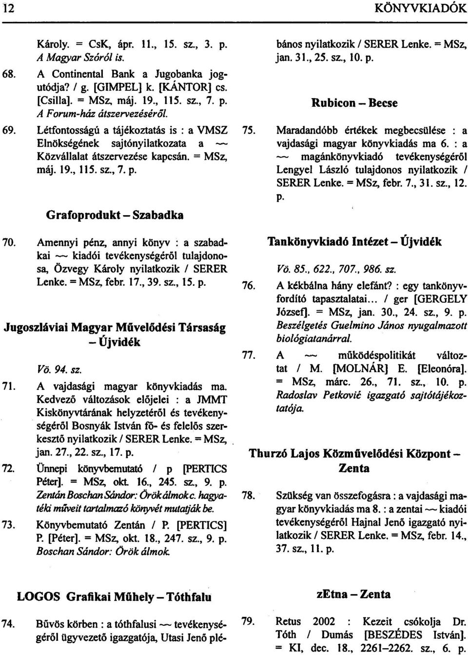 Bűvös körben : a tóthfalusi tevékenységéről ügyvezető igazgatója, Utasi Jenő plébános nyilatkozik / SERER Lenke. = MSz, jan. 31., 25. sz., 10. p. Rubicon - Becse 75.