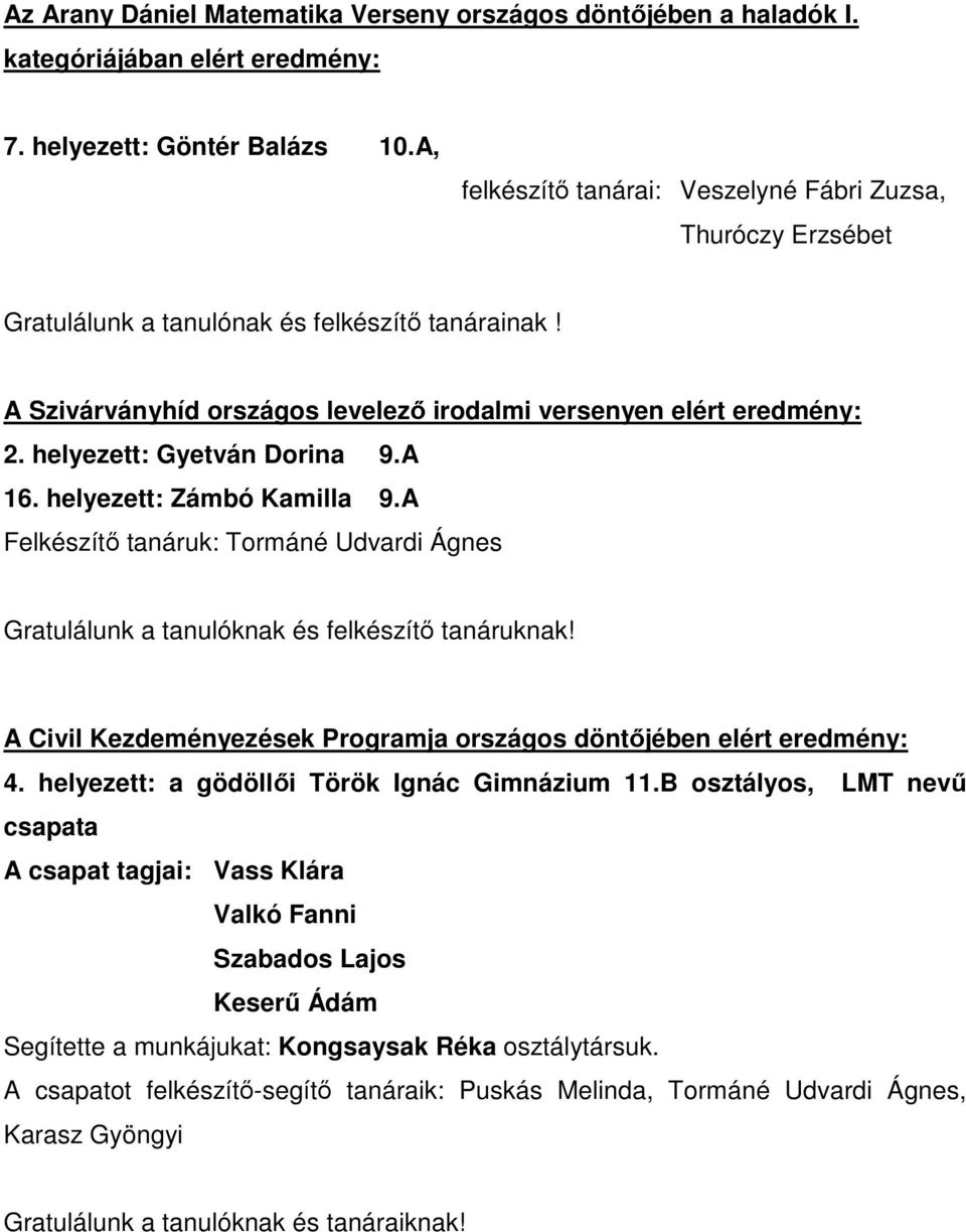 helyezett: Gyetván Dorina 9.A 16. helyezett: Zámbó Kamilla 9.A Felkészítő tanáruk: Tormáné Udvardi Ágnes Gratulálunk a tanulóknak és felkészítő tanáruknak!