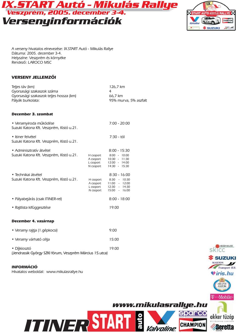 murva, 5% aszfalt December 3. szombat Versenyiroda mûködése 7:00-20:00 Suzuki Katona Kft. Veszprém, Kistó u.21. Itiner felvétel Suzuki Katona Kft. Veszprém, Kistó u.21. 7:30 - tól Adminisztratív átvétel 8:00-15:30 Suzuki Katona Kft.