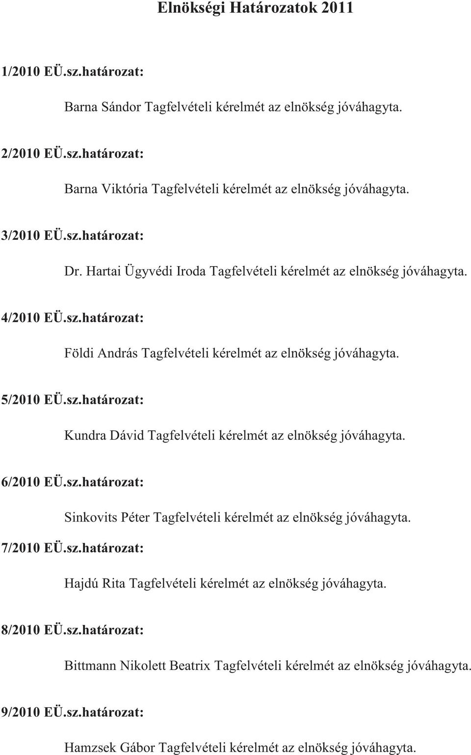 6/2010 EÜ.sz.határozat: Sinkovits Péter Tagfelvételi kérelmét az elnökség jóváhagyta. 7/2010 EÜ.sz.határozat: Hajdú Rita Tagfelvételi kérelmét az elnökség jóváhagyta. 8/2010 EÜ.sz.határozat: Bittmann Nikolett Beatrix Tagfelvételi kérelmét az elnökség jóváhagyta.