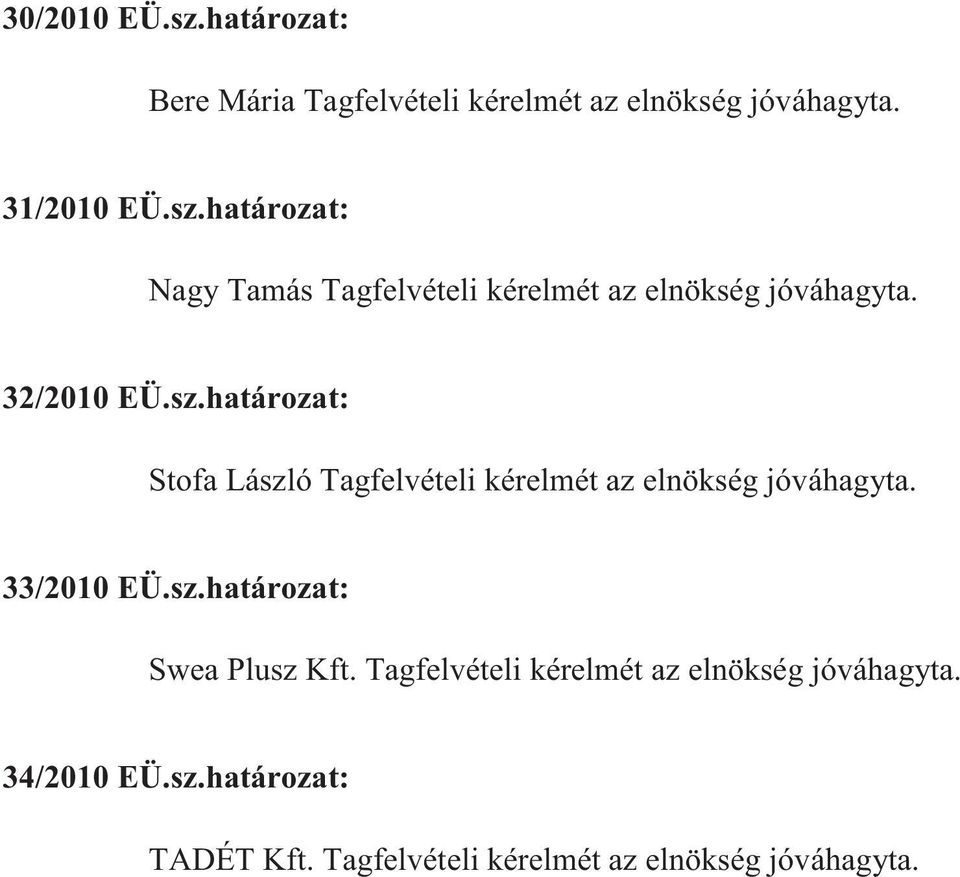 Tagfelvételi kérelmét az elnökség jóváhagyta. 34/2010 EÜ.sz.határozat: TADÉT Kft.