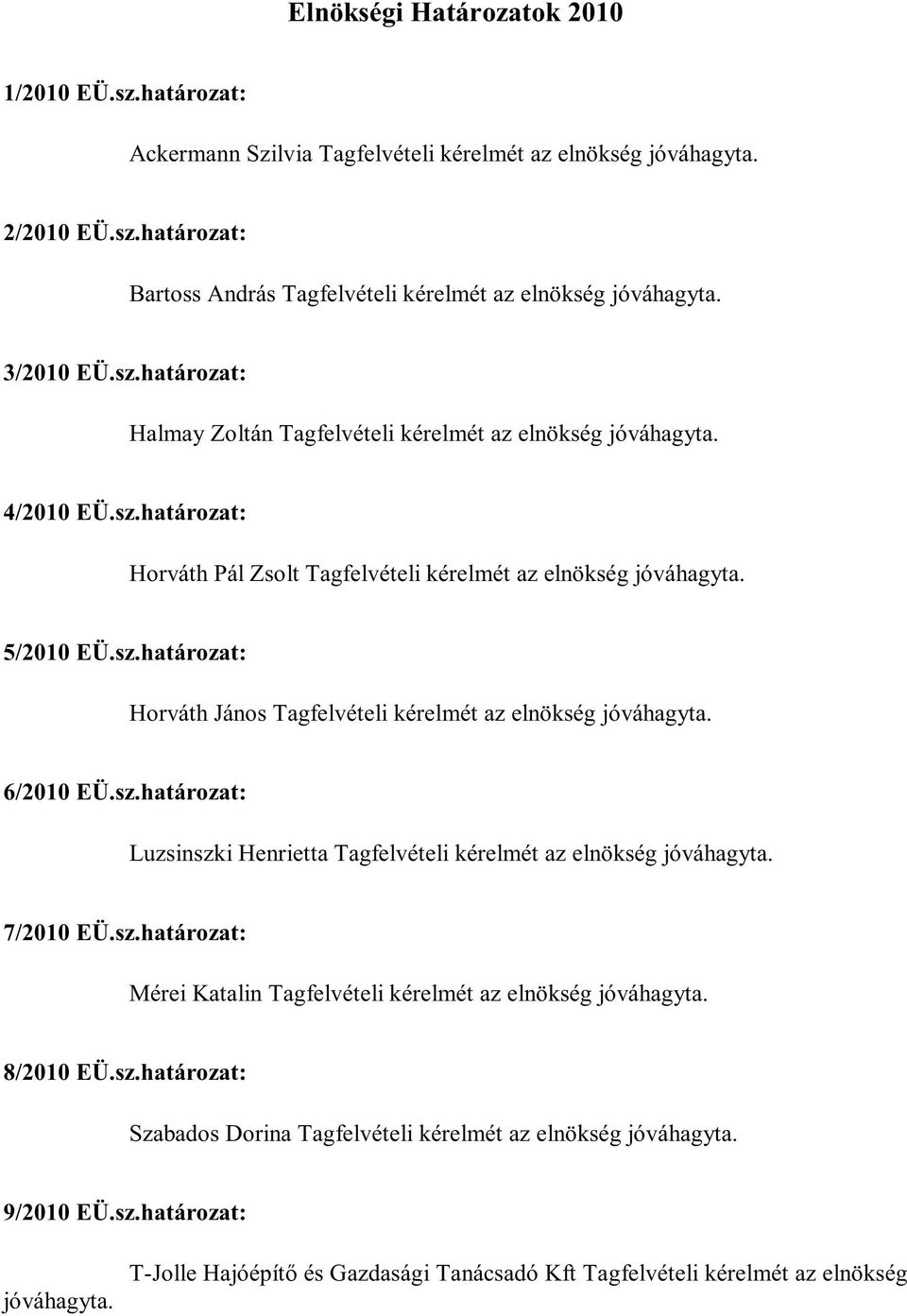 6/2010 EÜ.sz.határozat: Luzsinszki Henrietta Tagfelvételi kérelmét az elnökség jóváhagyta. 7/2010 EÜ.sz.határozat: Mérei Katalin Tagfelvételi kérelmét az elnökség jóváhagyta. 8/2010 EÜ.sz.határozat: Szabados Dorina Tagfelvételi kérelmét az elnökség jóváhagyta.