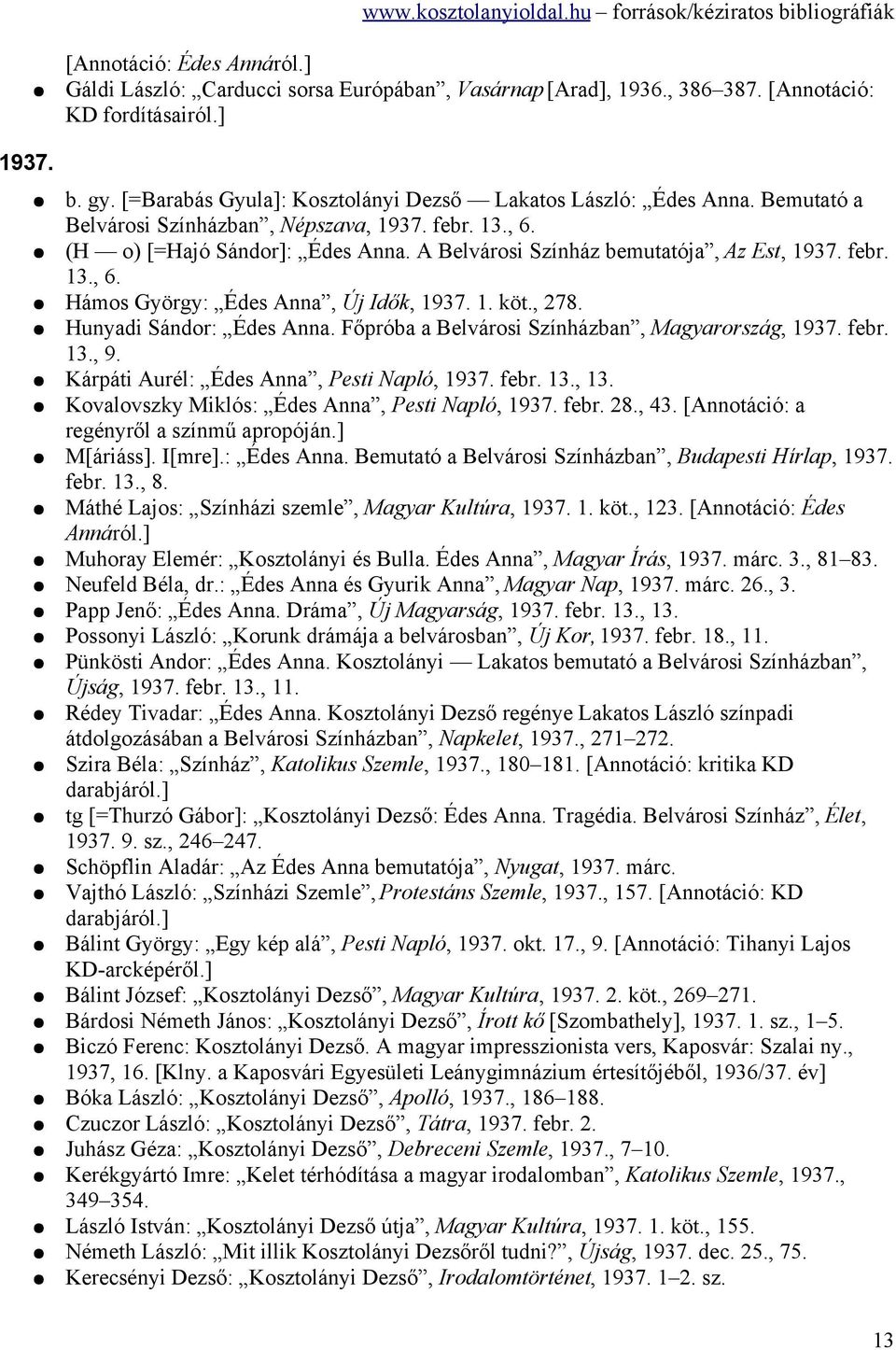 A Belvárosi Színház bemutatója, Az Est, 1937. febr. 13., 6. Hámos György: Édes Anna, Új Idők, 1937. 1. köt., 278. Hunyadi Sándor: Édes Anna. Főpróba a Belvárosi Színházban, Magyarország, 1937. febr. 13., 9.