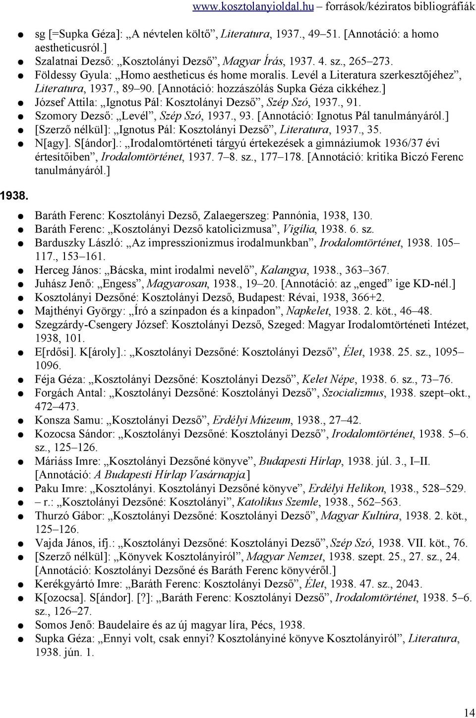 ] József Attila: Ignotus Pál: Kosztolányi Dezső, Szép Szó, 1937., 91. Szomory Dezső: Levél, Szép Szó, 1937., 93. [Annotáció: Ignotus Pál tanulmányáról.