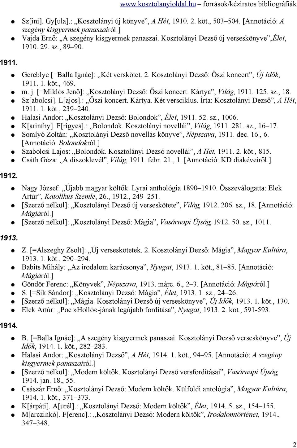 [=Miklós Jenő]: Kosztolányi Dezső: Őszi koncert. Kártya, Világ, 1911. 125. sz., 18. Sz[abolcsi]. L[ajos].: Őszi koncert. Kártya. Két versciklus. Írta: Kosztolányi Dezső, A Hét, 1911. 1. köt., 239 240.