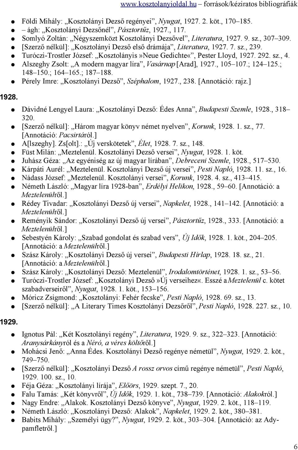 Alszeghy Zsolt: A modern magyar líra, Vasárnap [Arad], 1927., 105 107.; 124 125.; 148 150.; 164 165.; 187 188. Pérely Imre: Kosztolányi Dezső, Széphalom, 1927., 238. [Annotáció: rajz.] 1928.