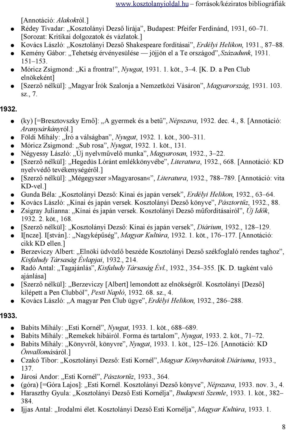 Móricz Zsigmond: Ki a frontra!, Nyugat, 1931. 1. köt., 3 4. [K. D. a Pen Club elnökeként] [Szerző nélkül]: Magyar Írók Szalonja a Nemzetközi Vásáron, Magyarország, 1931. 103. sz., 7.