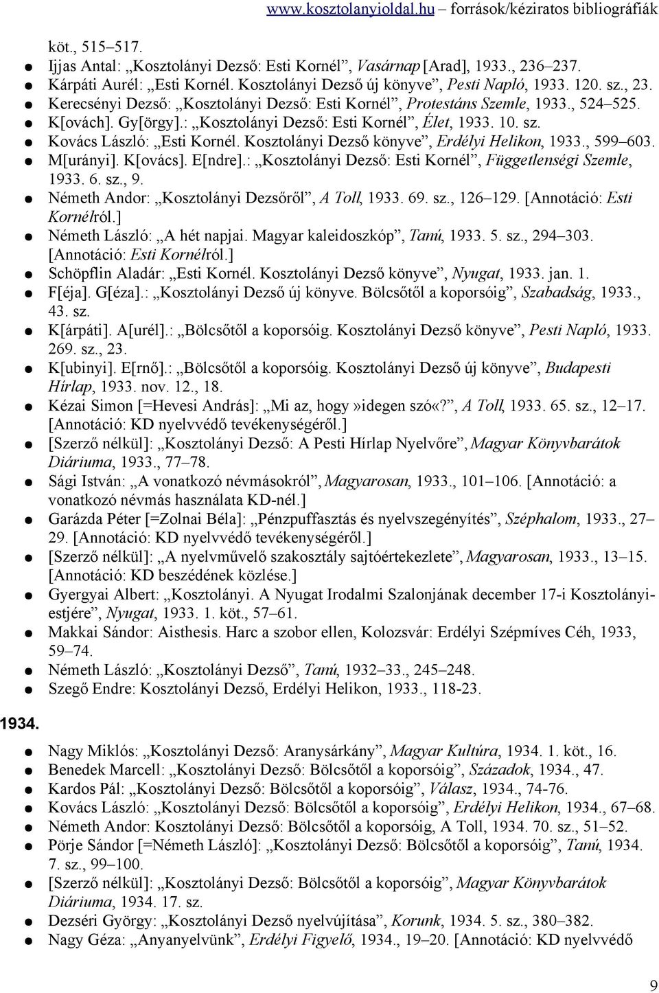 : Kosztolányi Dezső: Esti Kornél, Függetlenségi Szemle, 1933. 6. sz., 9. Németh Andor: Kosztolányi Dezsőről, A Toll, 1933. 69. sz., 126 129. [Annotáció: Esti Kornélról.] Németh László: A hét napjai.