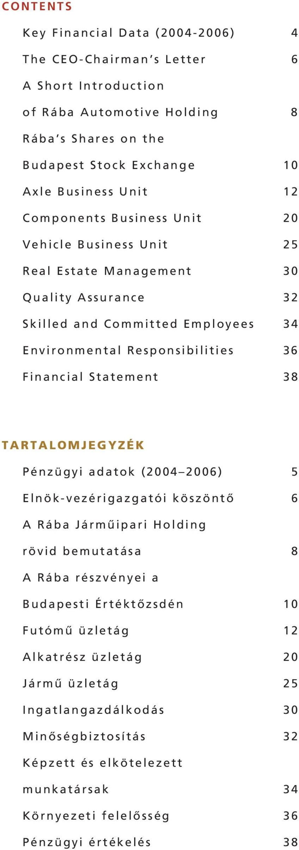 Financial Statement 38 TARTALOMJEGYZÉK Pénzügyi adatok (2004 2006) 5 Elnök-vezérigazgatói köszöntô 6 A Rába Jármûipari Holding rövid bemutatása 8 A Rába részvényei a Budapesti