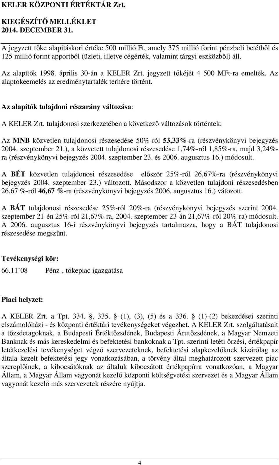 tulajdonosi szerkezetében a következő változások történtek: Az MNB közvetlen tulajdonosi részesedése 50%-ról 53,33%-ra (részvénykönyvi bejegyzés 2004. szeptember 21.