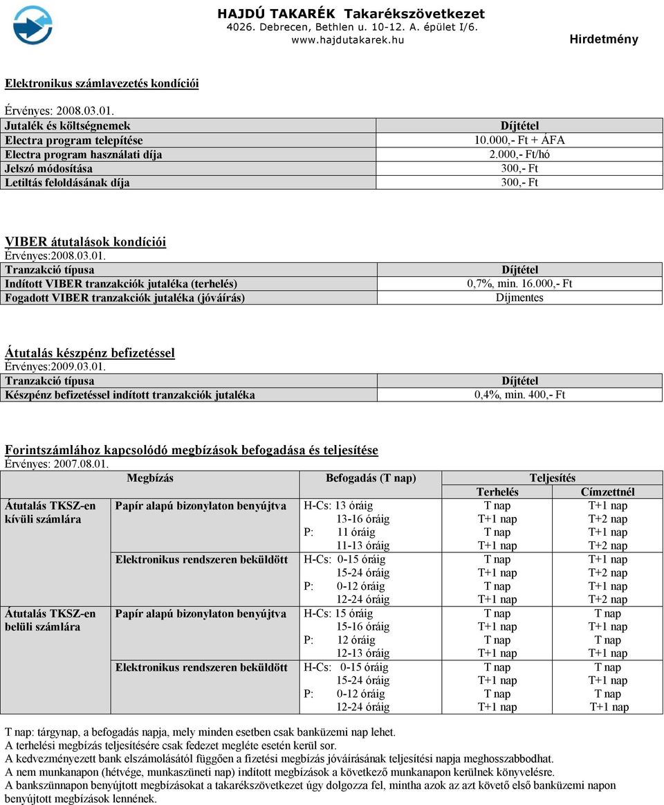 16.000,- Ft Díjmentes Átutalás készpénz befizetéssel Érvényes:2009.03.01. Tranzakció típusa Készpénz befizetéssel indított tranzakciók jutaléka 0,4%, min.