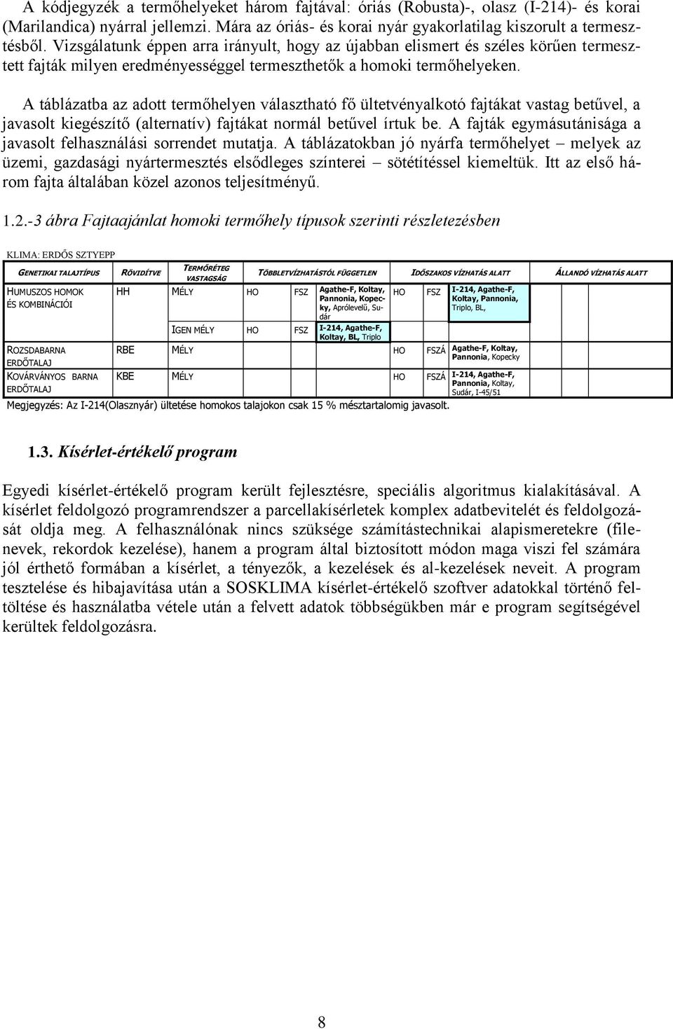 A táblázatba az adott termőhelyen választható fő ültetvényalkotó fajtákat vastag betűvel, a javasolt kiegészítő (alternatív) fajtákat normál betűvel írtuk be.