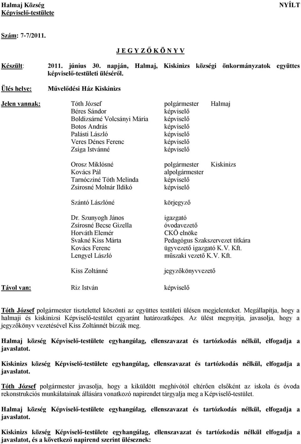 Művelődési Ház Kiskinizs Jelen vannak: Tóth József polgármester Halmaj Béres Sándor képviselő Boldizsárné Volcsányi Mária képviselő Botos András képviselő Palásti László képviselő Veres Dénes Ferenc