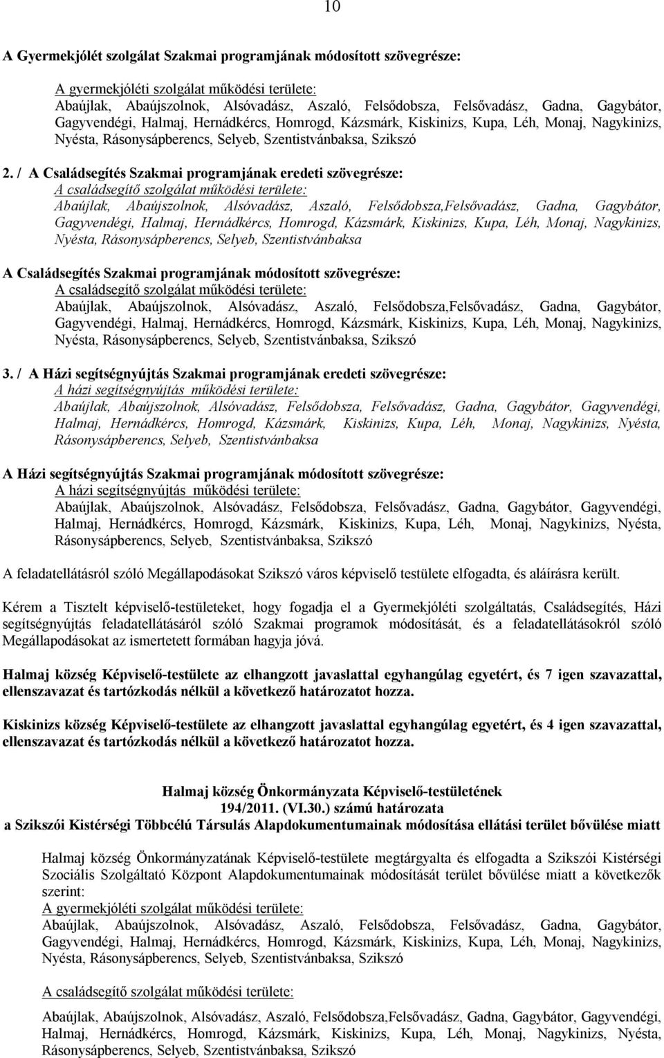 / A Családsegítés Szakmai programjának eredeti szövegrésze: A családsegítő szolgálat működési területe: Abaújlak, Abaújszolnok, Alsóvadász, Aszaló, Felsődobsza,Felsővadász, Gadna, Gagybátor,