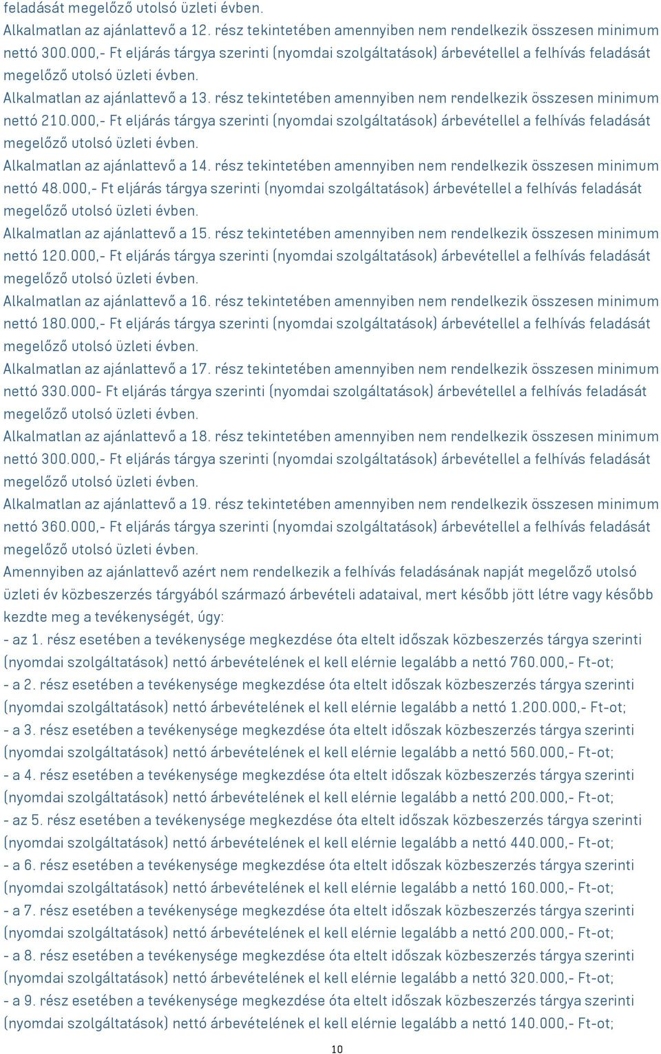 rész tekintetében amennyiben nem rendelkezik összesen minimum nettó 210.000,- Ft eljárás tárgya szerinti (nyomdai szolgáltatások) árbevétellel a felhívás feladását megelőző utolsó üzleti évben.