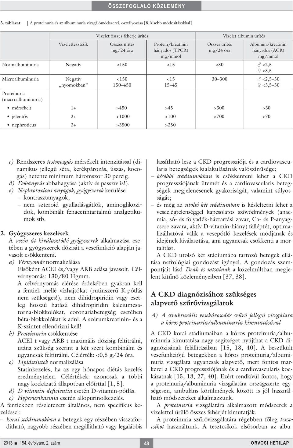 45 30 300 <2,5 30 <3,5 30 Proteinuria (macroalbuminuria) mérsékelt 1+ >450 >45 >300 >30 jelentős 2+ >1000 >100 >700 >70 nephroticus 3+ >3500 >350 c) Rendszeres testmozgás mérsékelt intenzitással