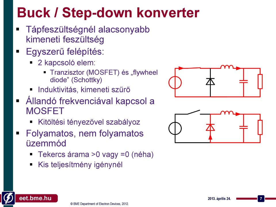 kimeneti szűrő Állandó frekvenciával kapcsol a MOSFET Kitöltési tényezővel szabályoz