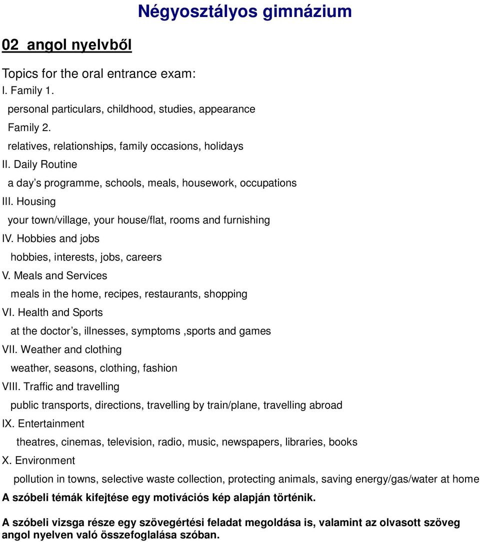 Housing your town/village, your house/flat, rooms and furnishing IV. Hobbies and jobs hobbies, interests, jobs, careers V. Meals and Services meals in the home, recipes, restaurants, shopping VI.