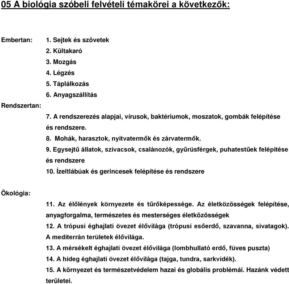 Egysejtű állatok, szivacsok, csalánozók, gyűrüsférgek, puhatestűek felépítése és rendszere 10. Ízeltlábúak és gerincesek felépítése és rendszere Ökológia: 11. Az élőlények környezete és tűrőképessége.